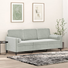 Canapea cu 3 locuri cu pernute, gri deschis, 180 cm, catifea GartenMobel Dekor