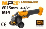 Polizor unghiular Tolsen MP20V, 115mm, 20V, fara fir (acumulator neinclus) - ideal taiere/slefuire