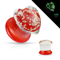 Plug pentru urechi din sticlă Pyrex - capăt roșu și transparent, inimă transparentă care strălucește în întuneric - Diametru piercing: 12 mm