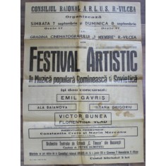 AFISUL FESTIVALULUI ARTISTIC DE MUZICA POPULARA ROMANEASCA SI SOVIETICA , GRADINA CINEMATOGRAFULUI &#039; 7 NOIEMBRIE &#039; , RAMNICU VALCEA , ANII&#039; 50