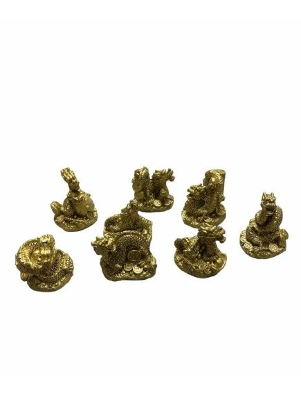 Statuieta set 8 dragoni aurii Feng Shui, din rășină 4 x 5,5 cm