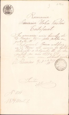 A2041 Certificat de &amp;icirc;nscriere pe listă electorală, Vaslui, 1879 foto