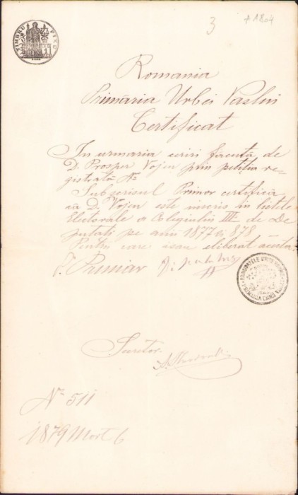 A2041 Certificat de &icirc;nscriere pe listă electorală, Vaslui, 1879