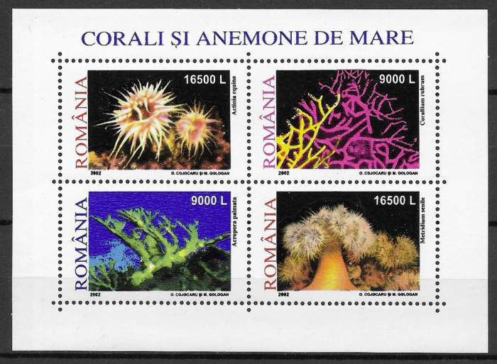 Rom&acirc;nia 2002 - Corali si anemone de mare, bloc de 4 marci, MNH, LP 1577a