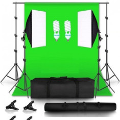 Kit studio foto,2 lumini softbox,suport fundal 2x2m,becuri foto + panza fundal verde
