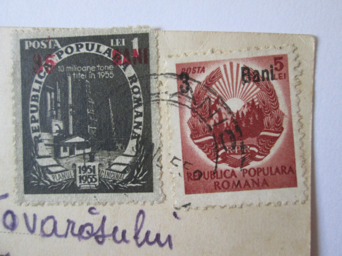Carte poștală circulată 1955 cu timbre cu supratipar planul cincinal 1951-1955