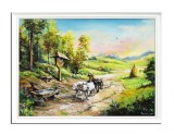 Cumpara ieftin Tablou pictat manual inramat, La izvorul cu troita, car cu boi, 110x80cm ulei panza, rama din lemn
