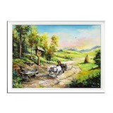 Tablou pictat manual inramat, La izvorul cu troita, car cu boi, 110x80cm ulei panza, rama din lemn