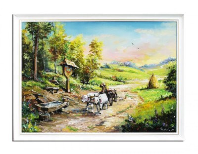 Tablou pictat manual inramat, La izvorul cu troita, car cu boi, 110x80cm ulei panza, rama din lemn foto