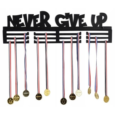 Suport pentru medalii Never give up, fixare pe perete, 12 carlige, negru foto