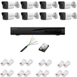 Kit supraveghere complet cu 8 camere IP, 4MP, IR 30m, lentilă 2.8mm, NVR cu 8 canale IP, Ultra HD 4K, accesorii, HIKVISION