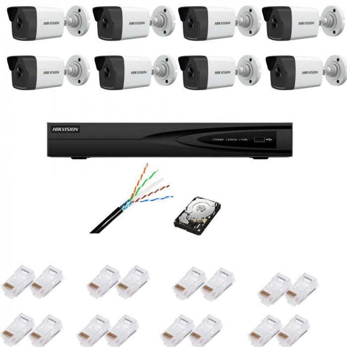 Kit supraveghere complet cu 8 camere IP, 4MP, IR 30m, lentila 2.8mm, NVR cu 8 canale IP, Ultra HD 4K, accesorii SafetyGuard Surveillance