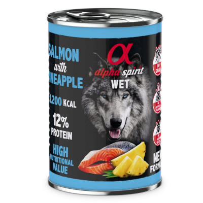 Conserva de hrana umeda Premium pentru caine Alpha Spirit, 93% carne de somon si ananas, 400g foto