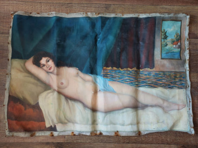 Pictura veche ulei pe panza femeie nud, 90x60cm, fara rama foto