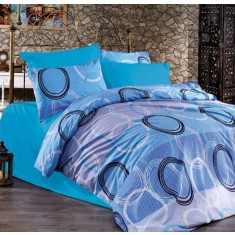 Lenjerie de pat pentru o persoana cu husa de perna dreptunghiulara, Blue circles, bumbac ranforce, gramaj tesatura 120 g/mp, multicolor