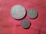 3 Monede Romania 1947 : 10 000 lei ,1 leu , 50 bani , cal. F.Buna