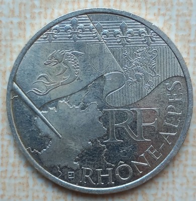 (A421) MONEDA DIN ARGINT FRANTA - 10 EURO 2010, REGIUNI - RHONE ALPES, 10 GRAME foto