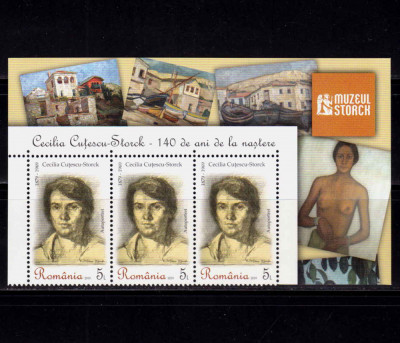 RO 2019 ,LP 2231 ,&amp;quot; Cecilia Storck , 140 ani n.&amp;quot; , triptic+manseta sus, MNH foto