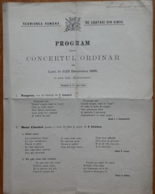 Reuniunea Rom&amp;acirc;nă de C&amp;acirc;ntări din Sibiu; Program pentru concertul ordinar, semnat de soprana Lucia Cosma, 1889 foto