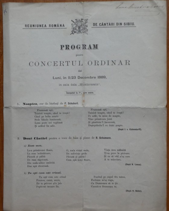 Reuniunea Rom&acirc;nă de C&acirc;ntări din Sibiu; Program pentru concertul ordinar, semnat de soprana Lucia Cosma, 1889