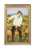Cumpara ieftin Tablou pictat manual inramat, Tanar la munca campului, 55x35cm ulei pe panza, rama din lemn