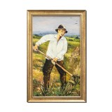 Tablou pictat manual inramat, Tanar la munca campului, 55x35cm ulei pe panza, rama din lemn