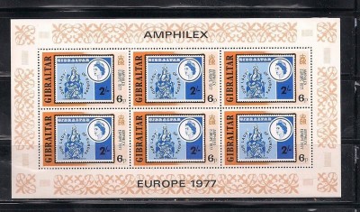 Gibraltar 1977 Europa CEPT, AMPHILEX in Amsterdam, 6p, perf. sheetlet, MNH S.147 foto