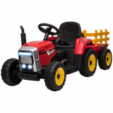 Tractor electric pentru copii cu remorcă detașabilă, baterie re&icirc;ncărcabilă 12V cu telecomandă, lumini, pentru 3-6 ani, roșu HOMCOM | Aosom RO