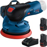 Bosch GEX 12V-125 + 1600A019R8 + 1619BZ0100 - Slefuitor cu excentric 125 mm + Set 2 acumulatori si incarcator Li-Ion 12 V 2 Ah + Geanta textila