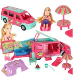 Rulota papusi cu piscina si accesorii, Set complet cu papusa, gratar, cort si mobilier camping