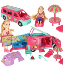 Rulota papusi cu piscina si accesorii, Set complet cu papusa, gratar, cort si mobilier camping