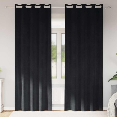 Draperii opace cu ocheți, 2 buc., negru, catifea foto