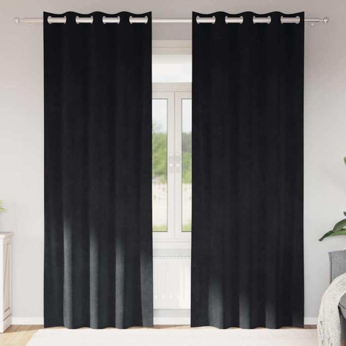 Draperii opace cu ocheți, 2 buc., negru, catifea