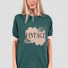 Bluza Vintage verde cu maneca scurta, imprimeu si dantela la gat si maneci