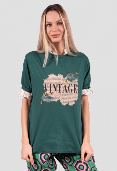 Bluza Vintage verde cu maneca scurta, imprimeu si dantela la gat si maneci