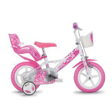 Bicicleta pentru copii Dino Bikes, 12 inch, cosulet inclus, maxim 40 kg, 3-4 ani, model inimioare, Roz/Alb