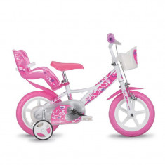 Bicicleta pentru copii Dino Bikes, 12 inch, cosulet inclus, maxim 40 kg, 3-4 ani, model inimioare, Roz/Alb
