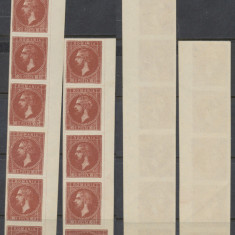 1876 Emisunea Bucuresti eseu sau reprint maron 10 b. 2 streifuri total 11 timbre
