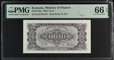 Bancnota 3 lei 1952 SERIE ROSIE UNC gradata autentificata PMG 66 EPQ