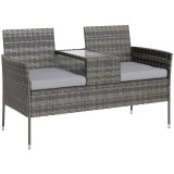 Outsunny Bancă de Grădină cu 2 Locuri din Rattan și Oțel, Bancă de Exterior cu Perne și Măsuță Centrală cu Blat din Sticlă Securizată, 135x64x81 cm, G