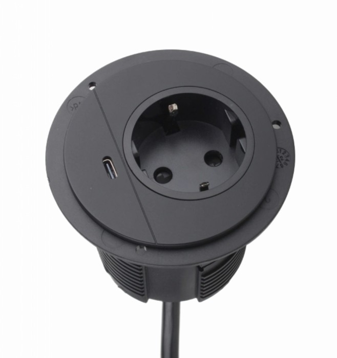 Priza incastrabila, sistem conector rotund incorporat pentru birou cu incarcator USB-C 250VAC 16A cablu 1,8m