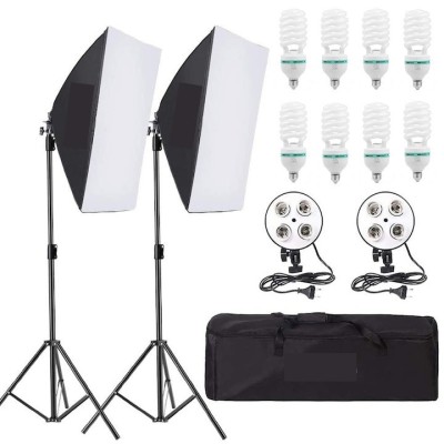 Kit de 2 softboxuri, soclu de 4 becuri, 2 trepiezi reglabili 200 cm, 8 becuri de 150W, geanta de transport inclusa foto