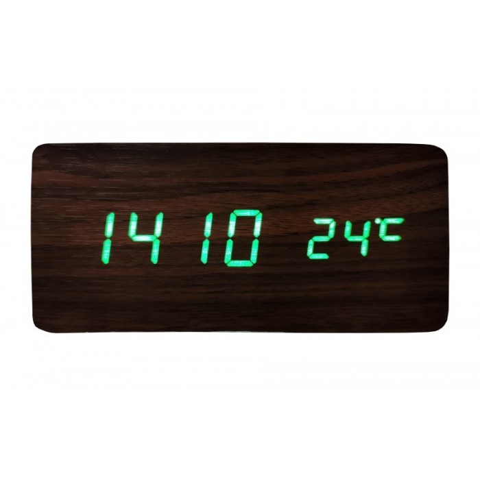 Ceas de masa elSales ELS-1574 , afisaj LED verde , temperatura , data , format ora 24 h , lemn maro