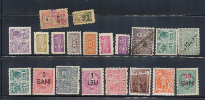 ROMANIA lot 20 timbre fiscale diverse 1935-1950, majoritatea neuzate