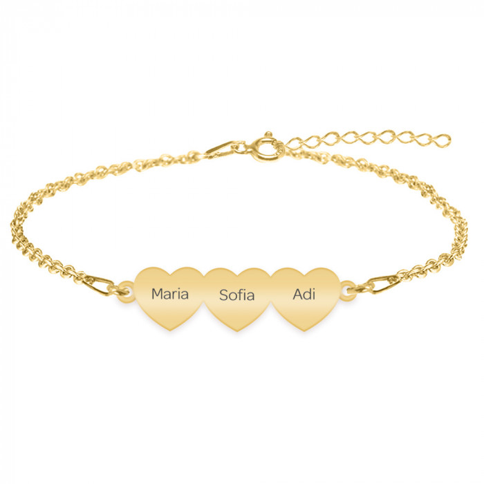 Bratara cu 3 inimi personalizate cu nume - argint 925 placat cu aur 24K