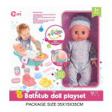 Papusa interactiva 35 cm cu cadita baie, 12 sunete si diverse accesorii