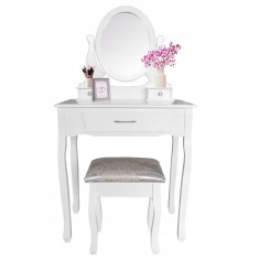 Set masa de toaleta si scaun, oglinda ovala, 3 sertare, design vintage, alb