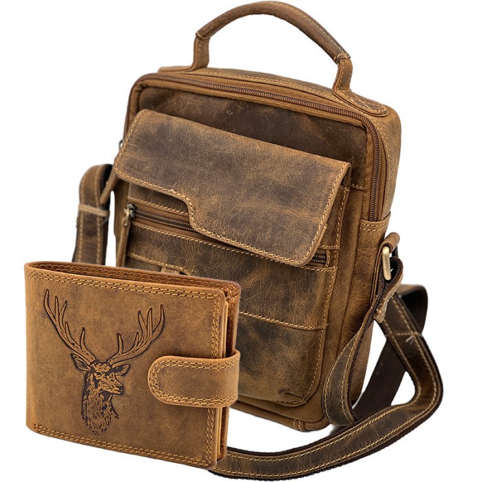 Set Cadou Barbati Borseta + Portofel: Wild Line Set, Hunter Brand, Piele Naturala