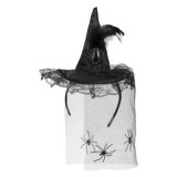 Coroniță de Halloween cu Pălărie de Vrăjitoare, Neagră, cu Voal și Păianjeni, CMCLASS
