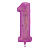 Balon Petrecere, Holographic, Cifră Nr.1, Culoare Fucsia, Dimensiuni 60x24cm